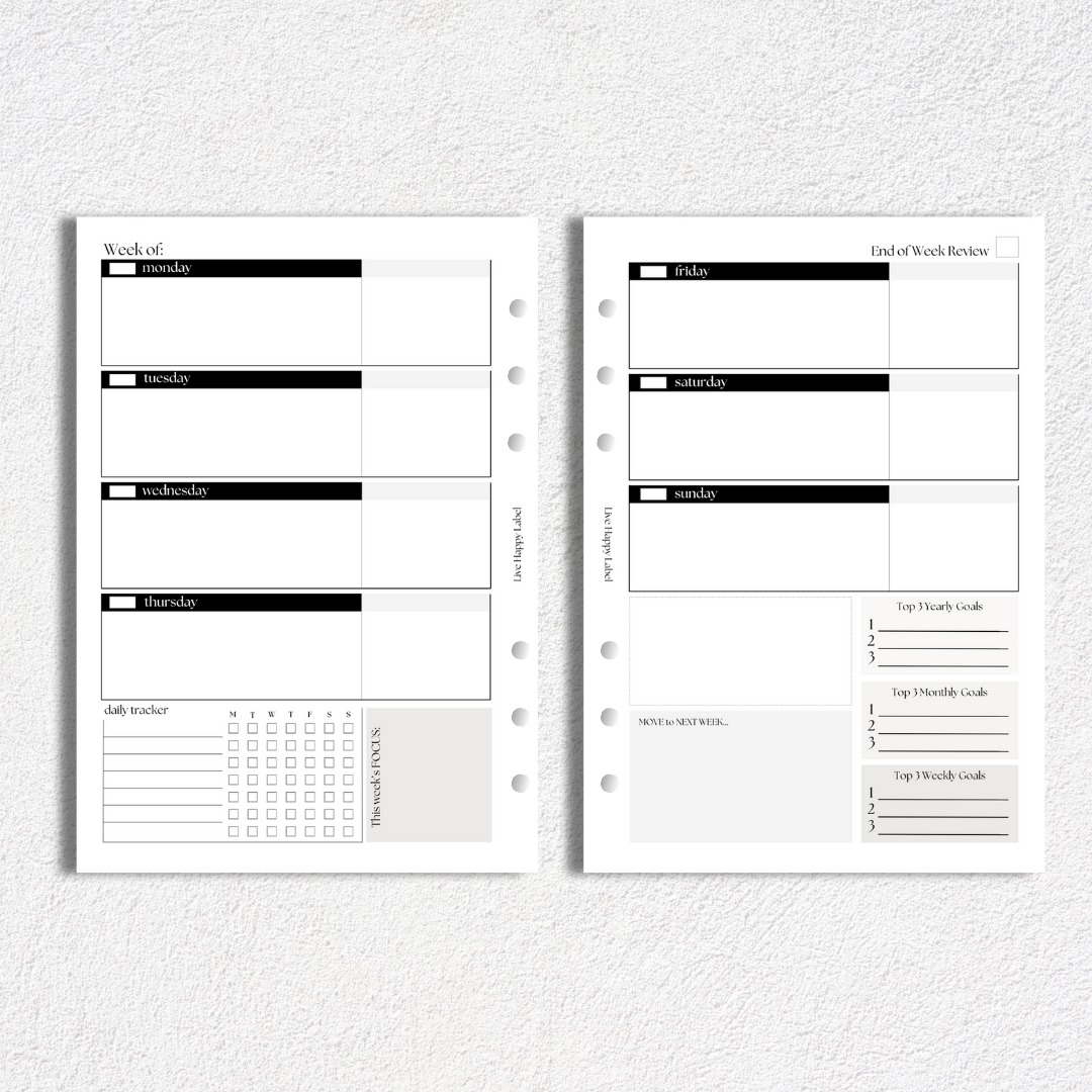 Weekly Planner Inserts ~ Horizontal Format | A5, 6-ring Punch