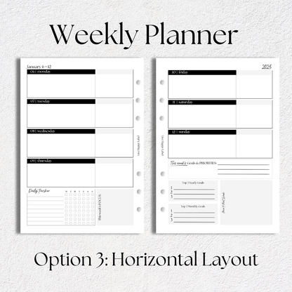 2025 Weekly Planner Inserts ~ Horizontal Format ~ Dated | A5, 6-ring Punch