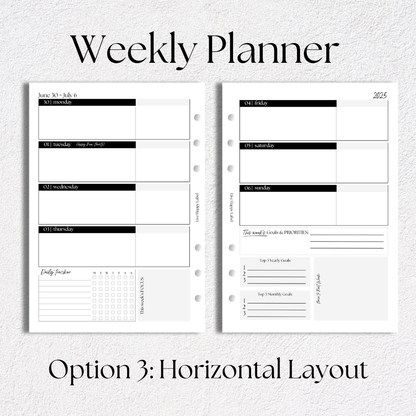 2025-2026 Weekly Planner Inserts ~ Horizontal Format ~ Dated | A5, 6-ring Punch
