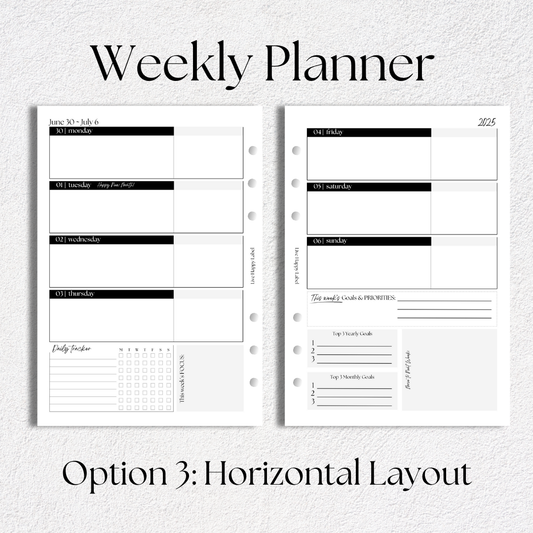 2025-2026 Weekly Planner Inserts ~ Horizontal Format ~ Dated | A5, 6-ring Punch