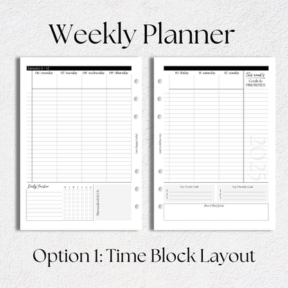 2025 Weekly Planner Inserts ~ Time Blocking Format ~ Dated | A5, 6-ring Punch