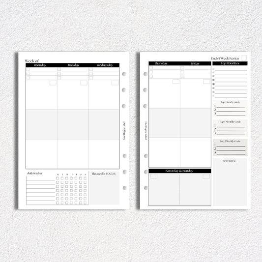Undated Weekly Planner Inserts ~ Vertical Format | A5, 6-ring Punch