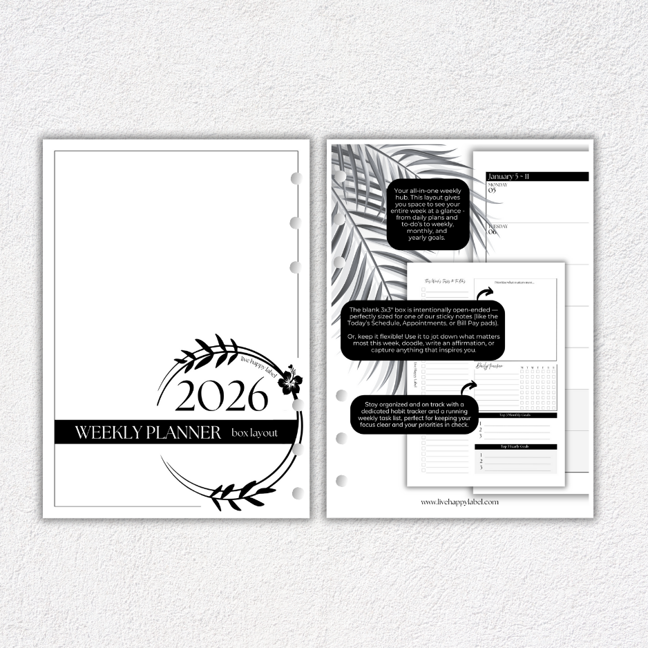 2026 Weekly Planner Inserts ~ Box Layout ~ Dated | A5, 6-ring Punch