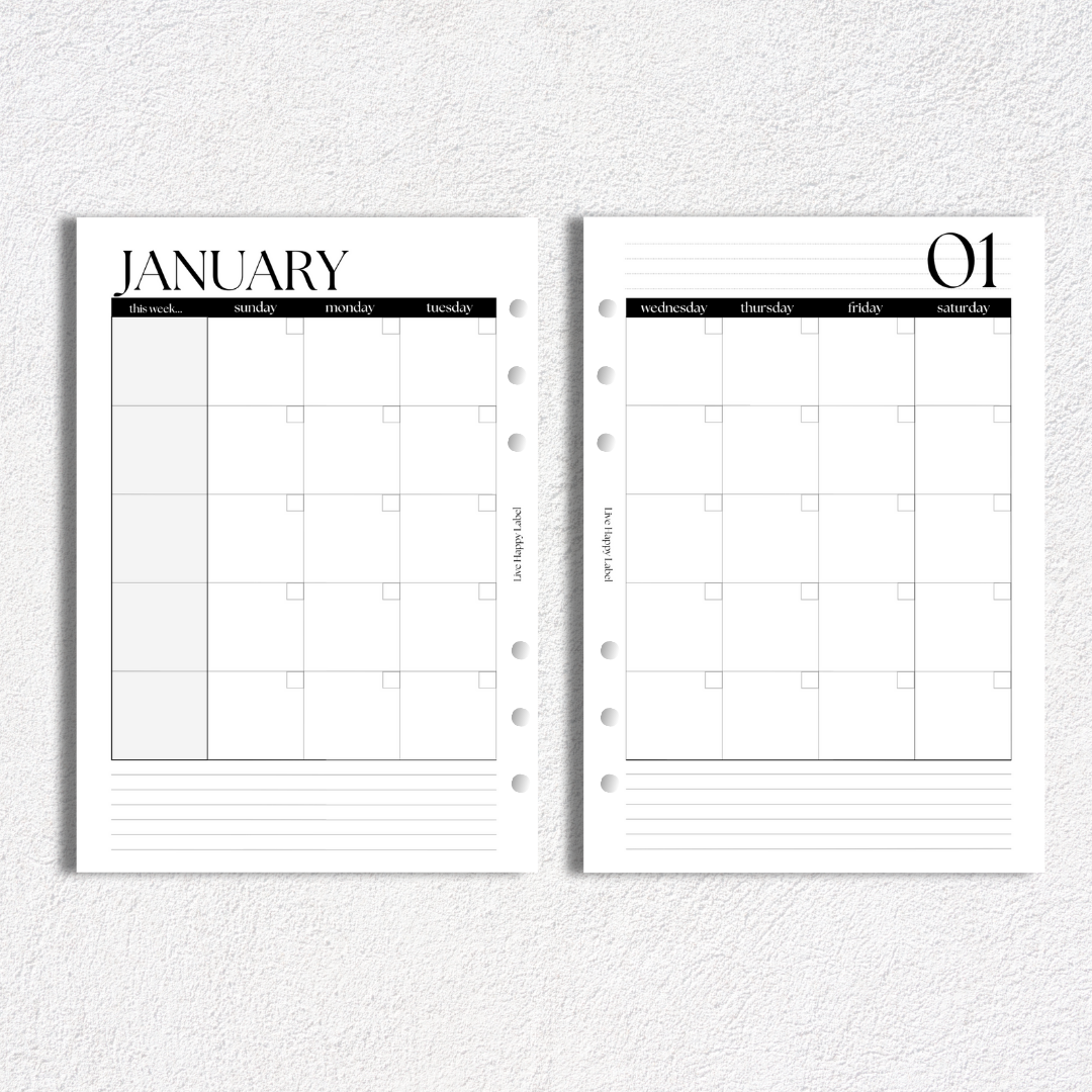 Monthly Calendar Inserts | A5, 6-ring Punch