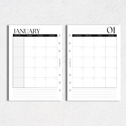 Monthly Calendar Inserts | A5, 6-ring Punch