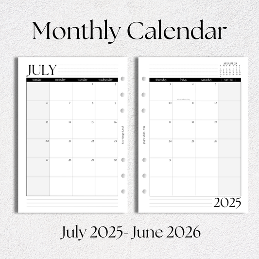 2025/2026 Monthly Calendar Inserts ~ Dated | A5, 6-ring Punch
