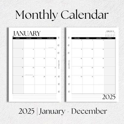 2025 Monthly Calendar Inserts ~ Dated | A5, 6-ring Punch