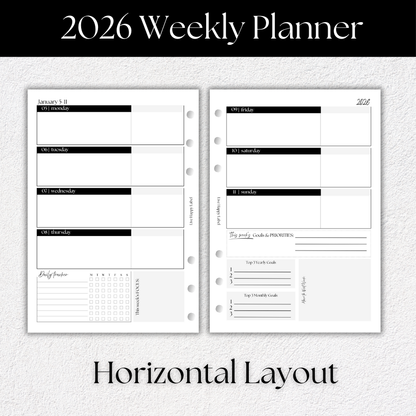 2026 Weekly Planner Inserts ~ Horizontal Layout ~ Dated | A5, 6-ring Punch