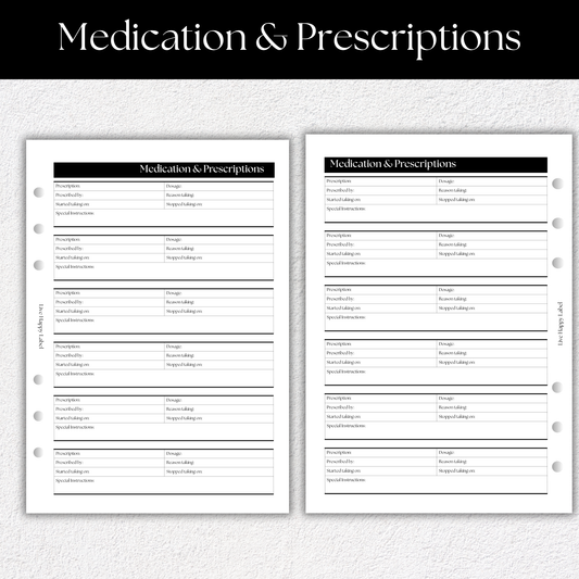Medications & Prescriptions Log ~ Medical Planner Inserts | A5, 6-ring Punch