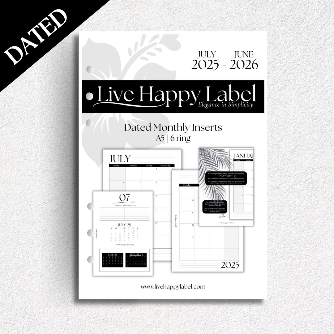 2025/2026 Monthly Calendar Inserts ~ Dated | A5, 6-ring Punch