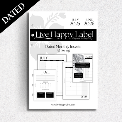 2025/2026 Monthly Calendar Inserts ~ Dated | A5, 6-ring Punch