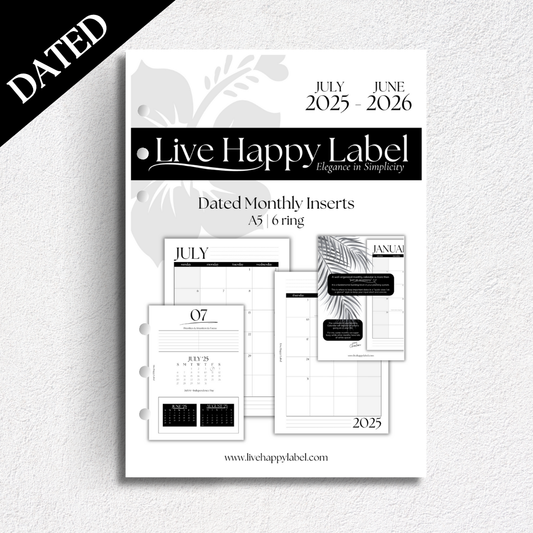 2025/2026 Monthly Calendar Inserts ~ Dated | A5, 6-ring Punch