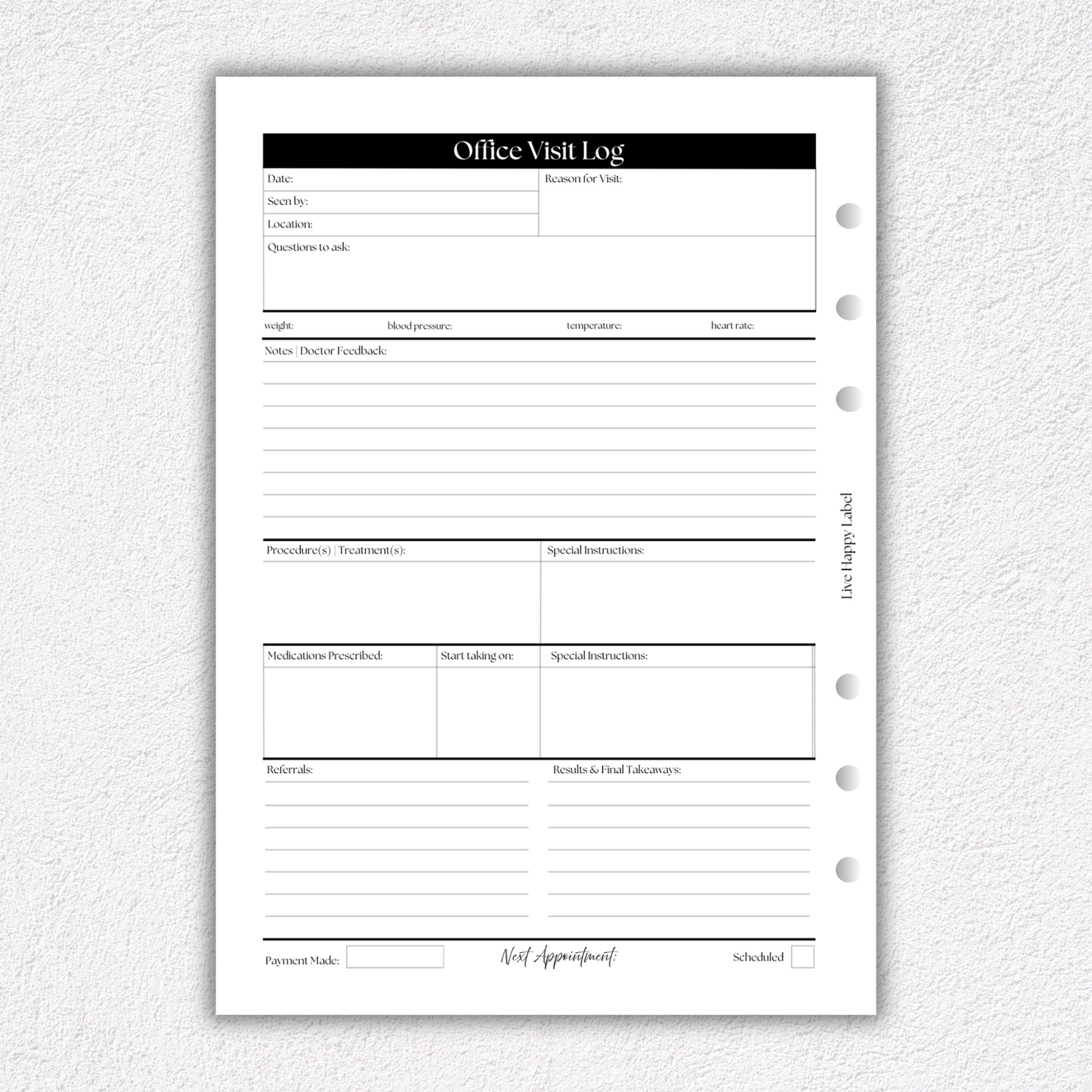 Office Visit Log ~ Medical Planner Inserts | A5, 6-ring Punch