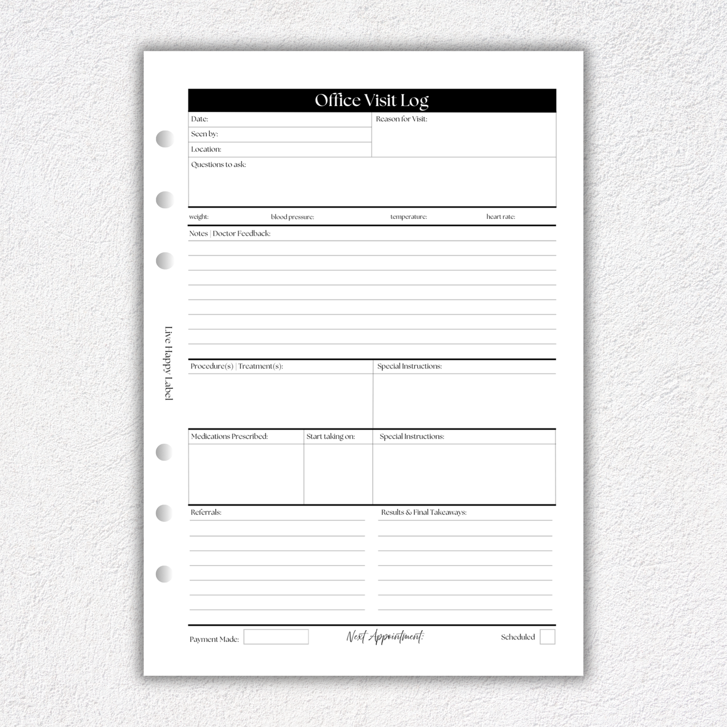 Office Visit Log ~ Medical Planner Inserts | A5, 6-ring Punch
