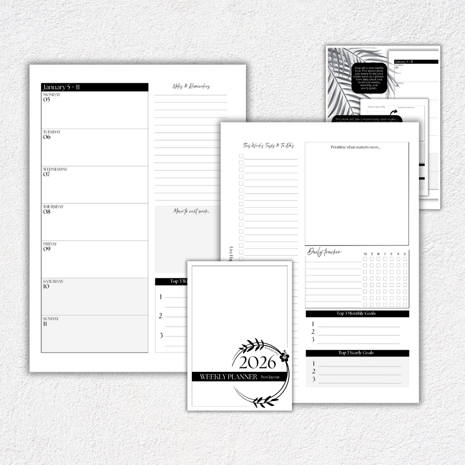 2026 Weekly Planner Inserts ~ Box Layout ~ Dated | A5, 6-ring Punch