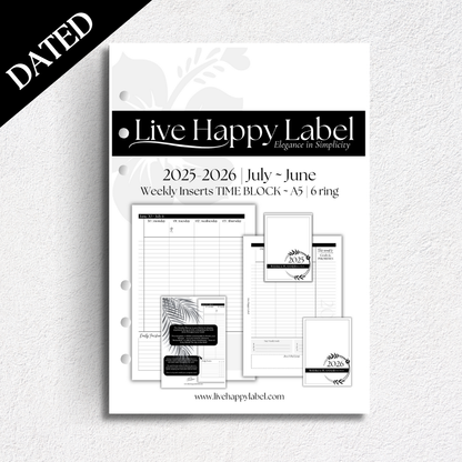 2025-2026 Weekly Planner Inserts ~ Time Blocking Format ~ Dated | A5, 6-ring Punch