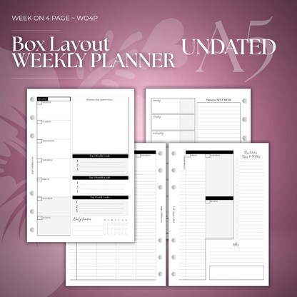 Undated Weekly Planner Inserts ~ Box Format | A5, 6-ring Punch