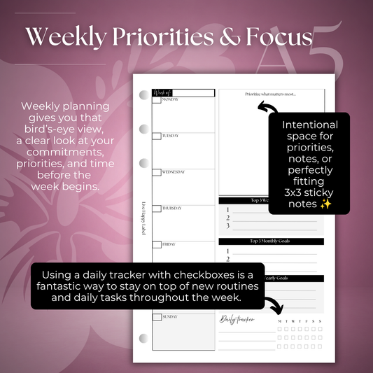 Undated Weekly Planner Inserts ~ Box Format | A5, 6-ring Punch