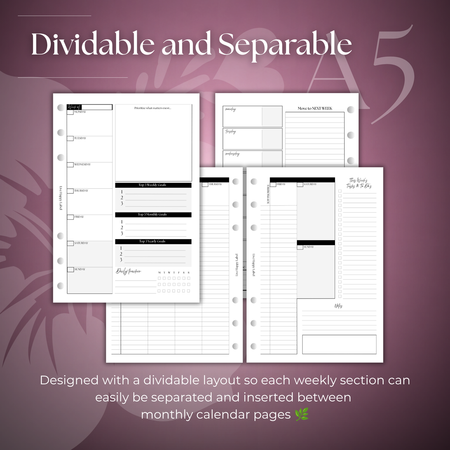 Undated Weekly Planner Inserts ~ Box Format | A5, 6-ring Punch