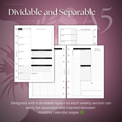 Undated Weekly Planner Inserts ~ Box Format | A5, 6-ring Punch