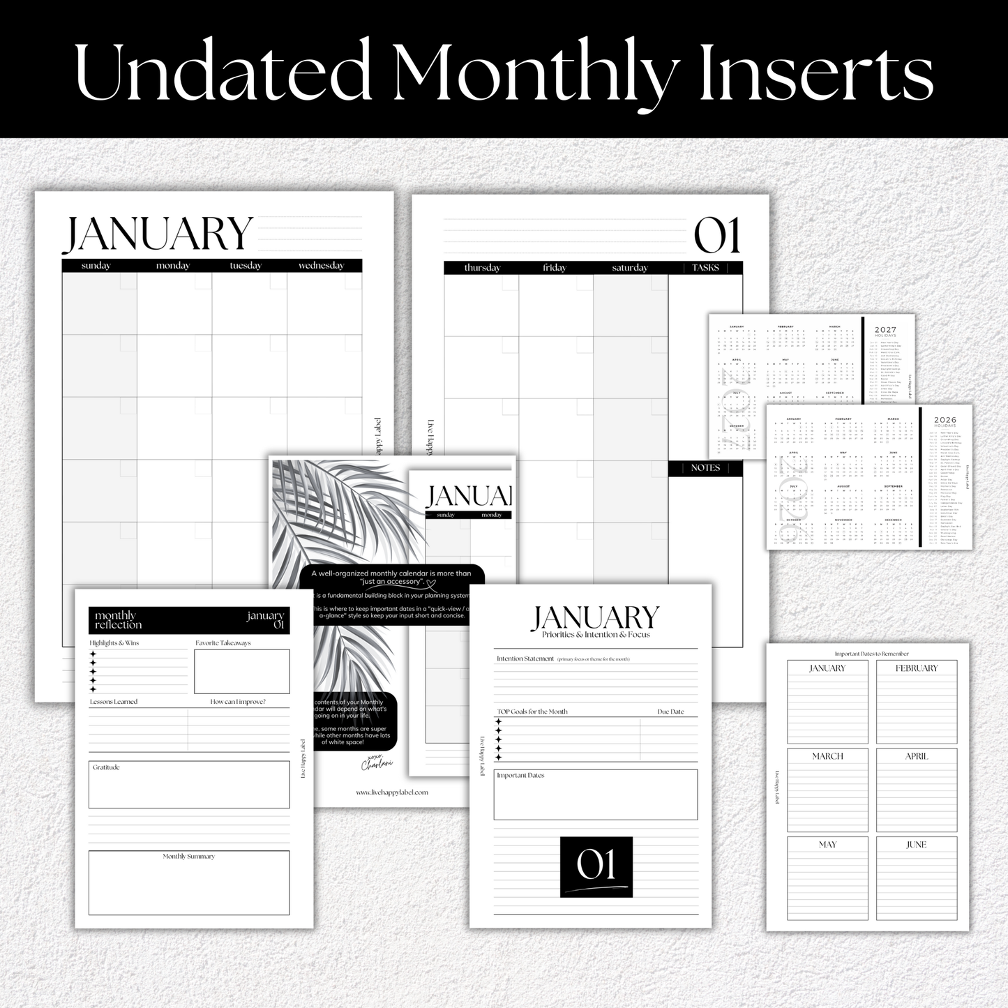 Undated Monthly Calendar Inserts | A5, 6-ring Punch