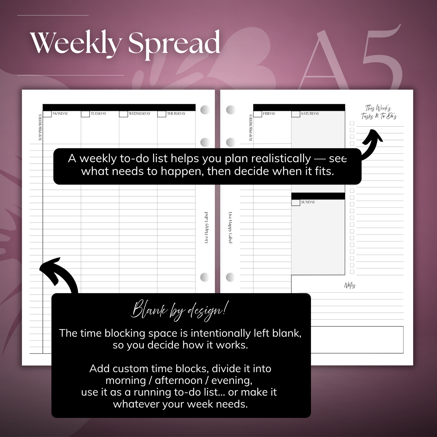 Undated Weekly Planner Inserts ~ Box Format | A5, 6-ring Punch