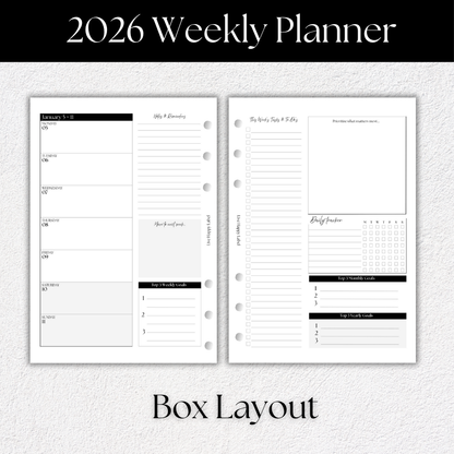 2026 Weekly Planner Inserts ~ Box Layout ~ Dated | A5, 6-ring Punch