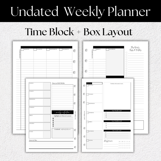 Undated Weekly Planner Inserts ~ Time Blocking + Box Format *DIVIDABLE * | A5, 6-ring Punch