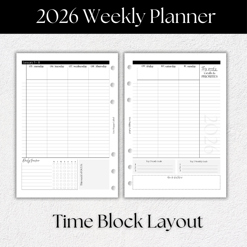 2026 Weekly Planner Inserts ~ Time Blocking Format ~ Dated | A5, 6-ring Punch
