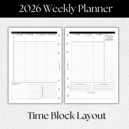 2026 Weekly Planner Inserts ~ Time Blocking Format ~ Dated | A5, 6-ring Punch