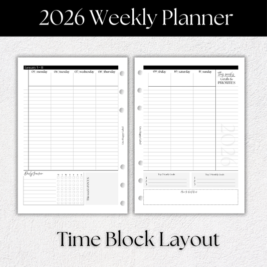 2026 Weekly Planner Inserts ~ Time Blocking Format ~ Dated | A5, 6-ring Punch